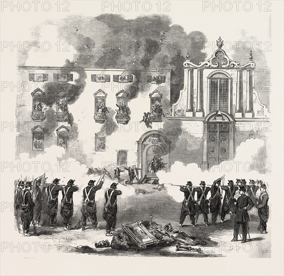 THE REVOLUTION IN SICILY: MASSACRE OF PEOPLE BY THE ROYAL TROOPS AT THE CONVENT OF THE WHITE BENEDICTINES, PALERMO, ITALY, 1860 engraving
