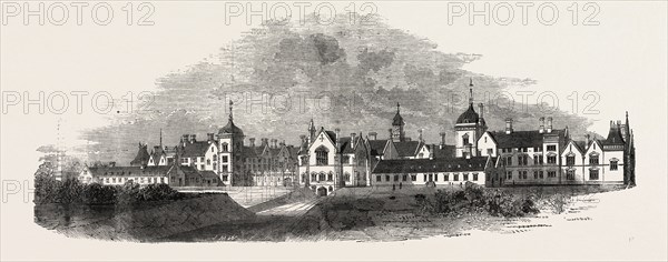 NORTH-WEST FRONT OF THE ASYLUM NEAR ARLSEY, BEDFORDSHIRE, FOR THE INSANE POOR OF HERTFORDSHIRE, BEDFORDSHIRE, AND HUNTINGDONSHIRE, 1860 engraving
