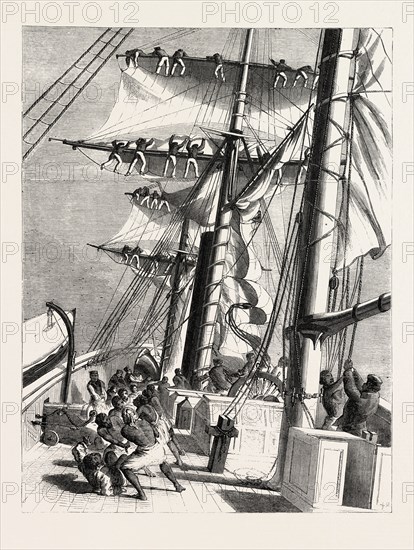 THE LIVINGSTONE EXPEDITION IN AFRICA: H.M.S. LYNX, SENT FOR THE RELIEF OF THE EXPEDITION, TAKING IN SAIL DURING A SQUALL, 1860 engraving