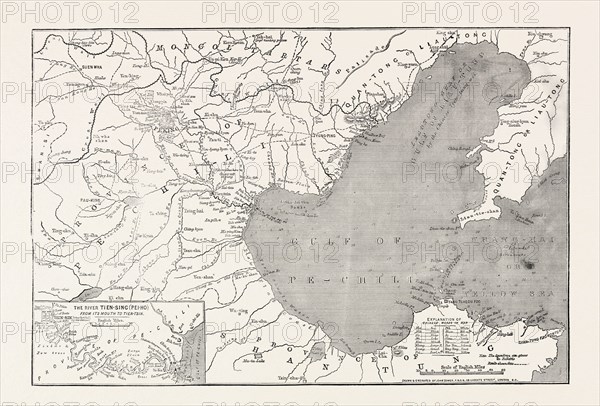 MAP OF NORTH-EAST CHINA, SHOWING THE GULF OF PECHILI, THE TIEN-TSIN (PEIHO) RIVER, AND THE APPROACHES TO PEKIN, BEIJING, 1860 engraving