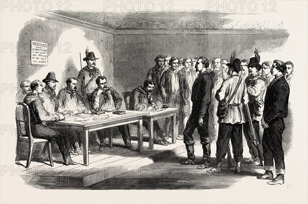 THE REVOLUTION IN SICILY: TRIAL OF THE SUPPOSED BRIGAND CHIEF, SANTOMELI, BY A COUNCIL OF WAR, AT VILLAFRATI, ITALY, 1860 engraving