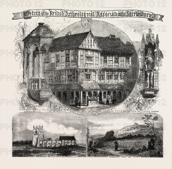 MEETING OF THE BRITISH ARCHAEOLOGICAL ASSOCIATION AT SHREWSBURY, TUDOR HOUSES AND SHOPS, EFFIGY OF HOTSPUR BATTLEFIELD CHURCH, HAIGHMOND CLIFF AND CASTLE, SHREWSBURY BATTLEFIELD, STONE PULPIT OF THE ABBEY, 1860 engraving