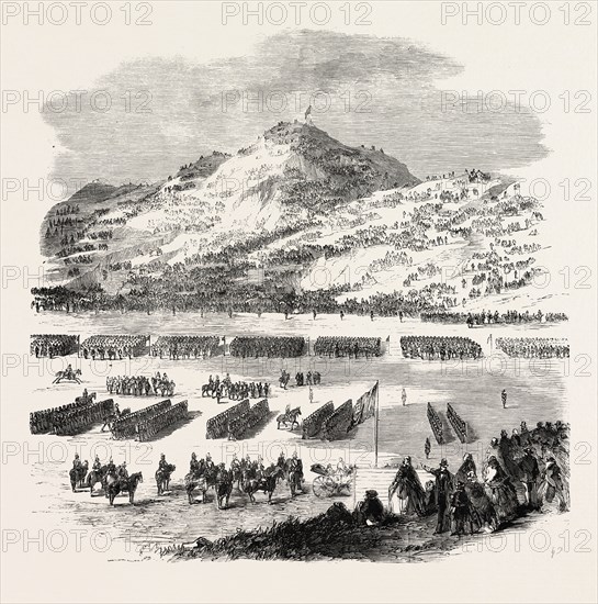 THE REVIEW BY HER MAJESTY OF RIFLE VOLUNTEERS AT EDINBURGH: VIEW LOOKING TOWARDS ARTHUR'S SEAT AND SALISBURY CRAGS, 1860 engraving