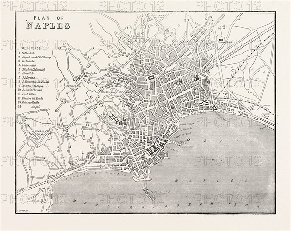 MAP OF NAPLES, ITALY, 1860 engraving