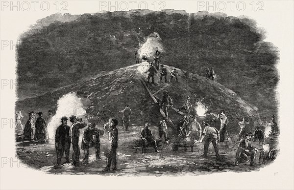 THE DEPTFORD RIFLE CORPS (34TH KENT) FORMING EARTHWORKS FOR THEIR SHOOTING GROUND BY TORCHLIGHT, 1860 engraving