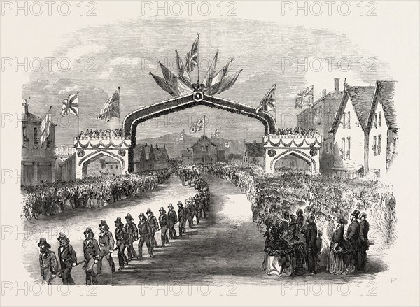 THE MEMBERS OF THE FIRE COMPANIES DRAWING THE PRINCE OF WALES THROUGH CARLETON, A SUBURB OF ST. JOHN, NEW BRUNSWICK, 1860 engraving