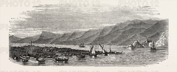 THE REVOLUTION IN SICILY: TROOPS PREPARING TO EMBARK AT THE FARO POINT, MESSINA, FOR SATURDAY EVENING, AUGUST 11, 1860, ITALY, 1860 engraving