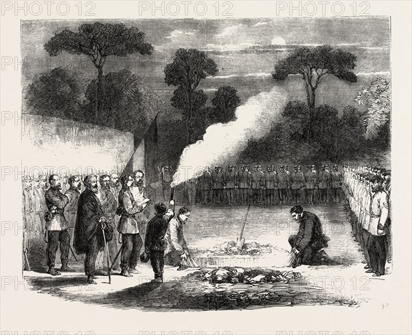 THE FUNERAL OF ENSIGN TUCKER OF THE BRITISH LEGION, AT THE ADVANCED POSTS BEFORE CAPUA, 1860 engraving