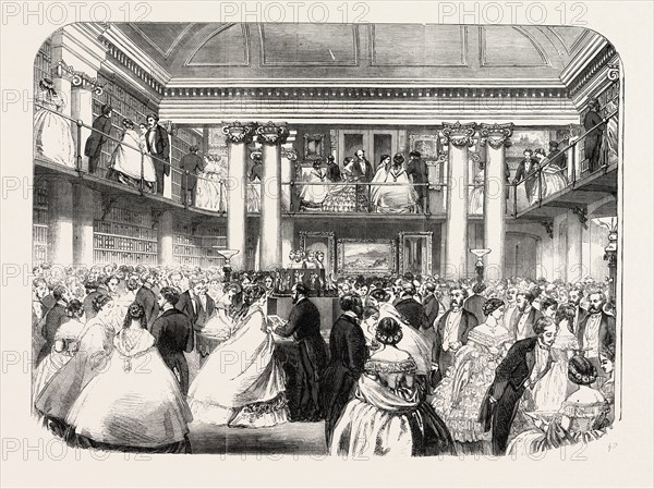 LITERARY REUNION IN MR. MUDIE'S NEW HALL, 1860 engraving