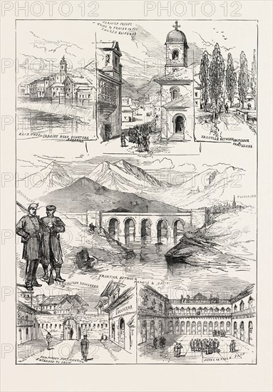 THE CIVIL WAR IN SPAIN: CARLIST SKETCHES FROM NAVARRE. FRONTIER BETWEEN FRANCE AND SPAIN. TEMPORARY FORTIFICATION ENTRANCE TO IRUN. ELIZONDO, CARLIST HEADQUARTERS, NAVARRE. HOTEL DE VILLE, IRUN. REPUBLICAN VOLUNTEER. CARABINERO. FRONTIER BETWEEN BAYONNE AND PAMPELUNA. CARLIST TROOPS GOING TO PRAYER IN THE CHURCH, ELIZONDO