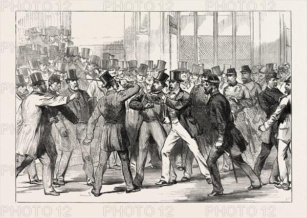 THE ASSAULT ON M. GAMBETTA BY M. DE SAINTE-CROIX AT THE SAINTE LAZARE STATION, PARIS, FRANCE