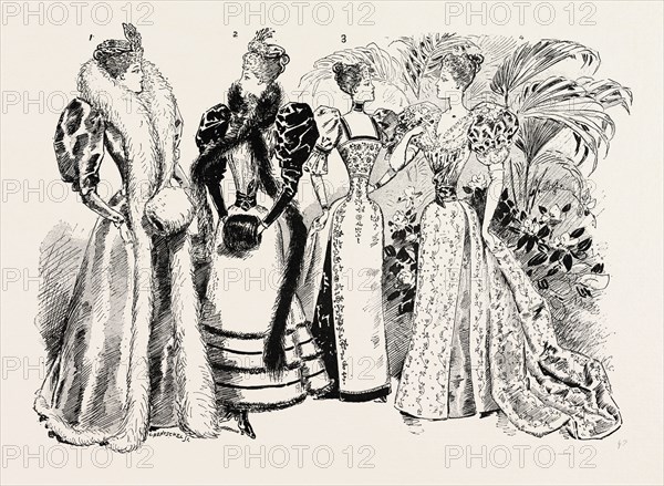 THE MARRIAGE OF PRINCESS MARIE OF EDINBURGH: 1. PRINCESS MARIE'S TRAVELLING CLOAK. 2. SKATING COSTUME. 3. DAY DRESS. 4. DINNER GOWN