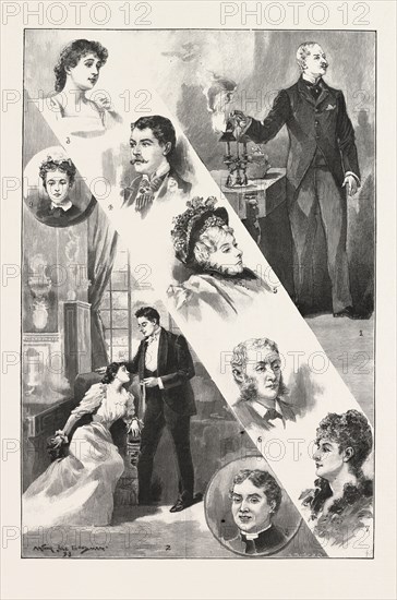 "ROBIN GOODFELLOW," THE NEW PLAY AT THE GARRICK THEATRE: 1. Valentine Barbrook (Mr. John Hare): "There, and you will be silent then." 2. Grace Barbrook (Miss K. Rorke) and Hugh Rokeby (Mr. J. Forbes Robertson): "May I keep this ribbon that you have worn?" 3. Constance Barbrook (Miss Norreys). 4. Stanley Trevenen (Mr. Sydney Brough). 5. Mrs. Barbrook, the grandmother (Mrs. Edmund Phelps). 6. Dr. Milner (Mr. Gilbert Hare). 7. Mrs. Bute Curzon (Miss Compton). 8. The Rev. Borthwick Soundy (Mr. D. Robertson). 9. Emma, the parlour-maid (Miss Helen Luck)