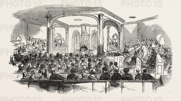 INTERIOR OF CRATHIE CHURCH, WHERE HER MAJESTY AND HIS ROYAL HIGHNESS PRINCE ALBERT ATTENDED DIVINE SERVICE. THE SERVICE WAS PERFORMED BY THE REV. DR. MACFARIAN, PRINCIPAL OF GLASGOW UNIVERSITY", UK, 1851