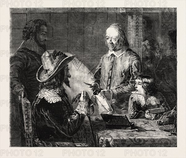 FINE ARTS, "HARVEY DEMONSTRATING TO CHARLES I. HIS THEORY OF THE CIRCULATION OF THE BLOOD" PAINTED BY R. HANNAH