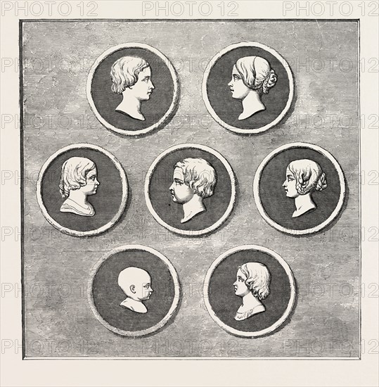 PORTRAITS OF THE ROYAL CHILDREN, MODELLED BY COMMAND OF HER MAJESTY, BY L.C. WYON, ROYAL MINT: 1. VICTORIA ADELAIDE MARY LOUISA, born November 21, 1840, Princess Royal. 2. ALBERT EDWARD, PRINCE OF WALES, born November 9, 1841. 3. ALICE MAUD MARY, born April 25, 1843. 4. ALFRED ERNEST ALBERT, born August 6, 1844. 5. HELENA AUGUSTA VICTORIA, born May 25, 1846. 6. LOUISA CAROLINE  ALBERTA, born March 18, 1848. 7. ARTHUR WILLIAM PATRICK ALBERT, born May 1, 1850.