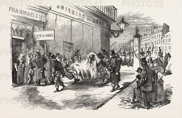 THE REVOLUTION IN FRANCE: TAKING THE WOUNDED TO THE AMBULANCE, 1851