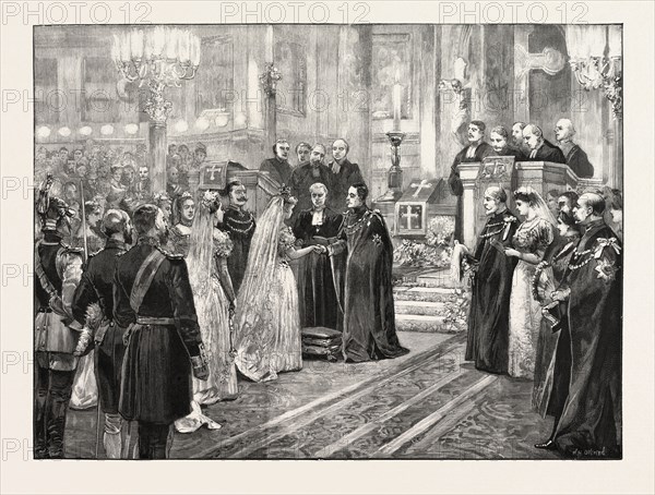 THE ROYAL MARRIAGE AT BERLIN, GERMANY: WEDDING CEREMONY IN THE CHAPEL OF THE ROYAL PALACE; PRINCE FREDERICK CHARLES OF HESSE AND PRINCESS MARGARET OF PRUSSIA, 1893, 1893 engraving