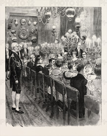 THE ROYAL MARRIAGE AT BERLIN, GERMANY: BANQUET AT THE ROYAL PALACE; PRINCE FREDERICK CHARLES OF HESSE AND PRINCESS MARGARET OF PRUSSIA, 1893, 1893 engraving