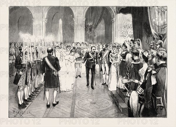 THE ROYAL MARRIAGE AT BERLIN, GERMANY: TORCH-DANCE AT THE ROYAL PALACE; PRINCE FREDERICK CHARLES OF HESSE AND PRINCESS MARGARET OF PRUSSIA, 1893, 1893 engraving