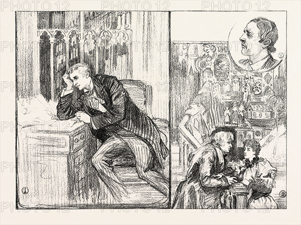 THE BAUBLE SHOP, NEW PLAY AT THE CRITERION THEATRE: VISCOUNT CLIVEBROOKE, IMR. CHARLES WYNDHAM), JESSIE KEBER (MISS MARY MOORE), MR. MIMS (MR. S. AUSTIN), 1893 engraving