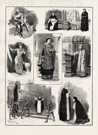 LORD TENNYSON'S PLAY OF BECKET, AT THE LYCEUM THEATRE, LONDON, UK: 1. King Henry and Rosamund in the Bower. 2. Becket Awaiting his Fate. 3. Rosamund (Miss Ellen Terry). 4. Becket as Chancellor. 5. Becket in his Oratory. 6. The Martyrdom of St. Thomas. 7. Becket giving Rosamund his Blessing, 1893 engraving