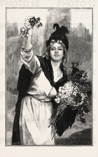 A LONDON FLOWER-GIRL, UK; PICTURE BY MDLLE. FOULD, IN THE SALON DES CHAMPS ELYSEES, PARIS, FRANCE, 1893 engraving