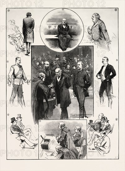 THE OPENING OF PARLIAMENT: INCIDENTS IN THE COMMONS: 1. Mr. Balfour enters. 2. Alone in his glory. (After the interval preceding the discussion on the Address Mr. Gladstone was for several minutes the sole Member present.) 3. Sir W. Harcourt (the Chiltern Hundreds). 4. Country: The Mover of the Address. 5. Town: The Seconder. 6. Extremes meet. 7. Two hours of weary ballot. 8. The third-floor back. 9. The Premier presents his credentials. UK, 1893 engraving