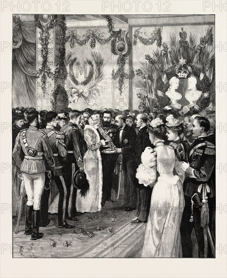 THE ROYAL HOME-COMING AT BUCHAREST: THE MAYOR OFFERING BREAD AND SALT AT THE RAILWAY STATION, ROMANIA, 1893 engraving