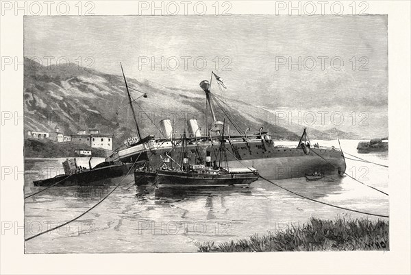 POSITION OF H.M.S. HOWE AT FERROL AFTER THE FIRST ATTEMPT TO RAISE HER, A CORUNA, GALICIA, SPAIN, 1893 engraving