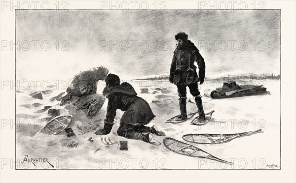 The White Chief picked up the book and pencil, and then knelt down and peered up in the dead man's face, all hard like stone and crusted with frost, 1893 engraving
