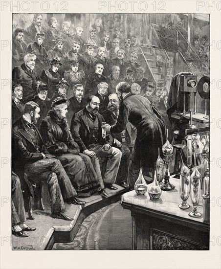 THE PRINCE OF WALES AND THE DUKE OF YORK AT THE ROYAL INSTITUTION: PROFESSOR DEWAR LECTURING ON LIQUID AIR, UK, 1893 engraving