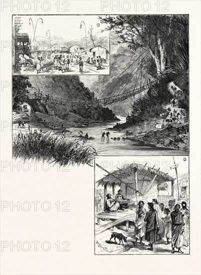 WITH THE SOUTH LUSHEI COLUMN: 1. Camp at Lalheya's Village, Kellam. 2. A Lushai Suspension-Bridge. 3. Interior of a Lushai Hut; INDIA, 1893 engraving