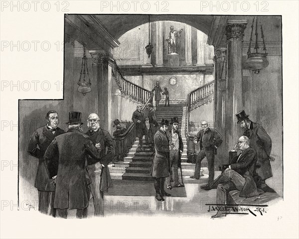 THE HALL OF THE ATHENAEUM CLUB, PALL MALL, LONDON UK; Mr. Justice Mathew, Sir John Bridge, Bishop of Salisbury, Mr. Justice Day, Mr. Justice Smith, Mr. Justice Cave, 1893 engraving