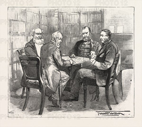 A MEMBER WHIST PARTY AT THE ATHENAEUM CLUB, PALL MALL, LONDON, UK, Anthony Trollope, Abraham Hayward, Right Hon. W.E. Forster, Sir George Jessel, 1893 engraving