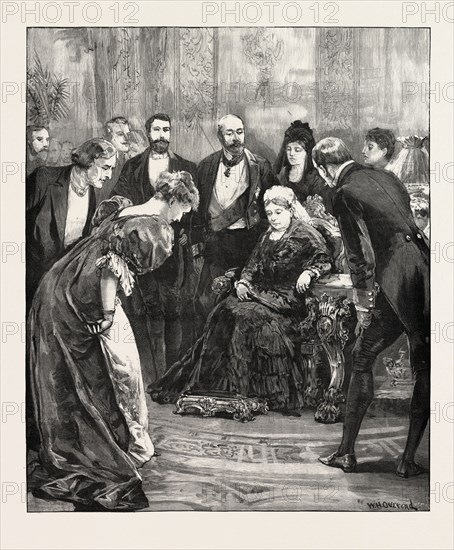 BECKET AT WINDSOR CASTLE, UK; Mr. Irving and Miss Ellen Terry had the honour of being presented to their Majesties the Queen and the Empress Frederick and the royal family in the drawing room., 1893 engraving