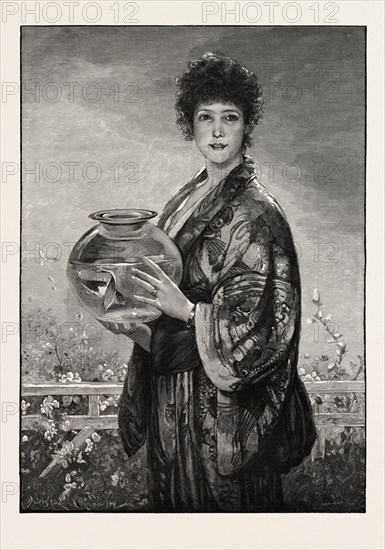 A WOMAN HOLDING A FISHBOWL CONTAINING GOLD FISH, 1893 engraving