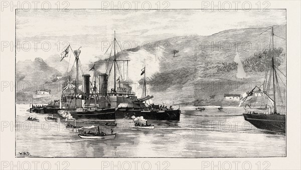 H.M.S. HOWE BEING TOWED INTO FERROL HARBOUR, A CORUNA, GALICIA, SPAIN, 1893 engraving