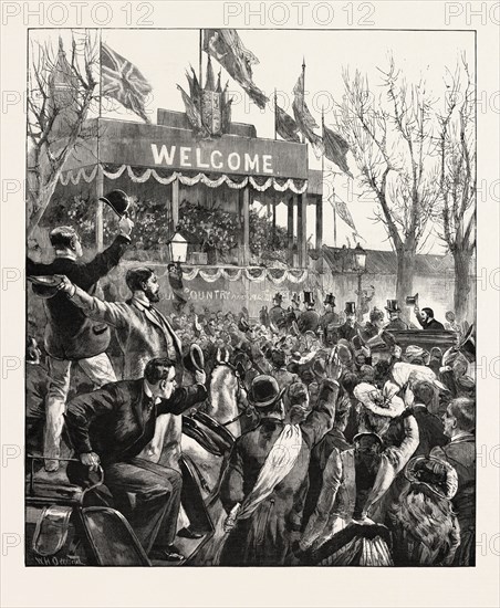 HOME RULE: GREAT MEETING AT BELFAST: ARRIVAL OF MR. BALFOUR AT THE LINEN HALL, NORTHERN IRELAND, 1893 engraving