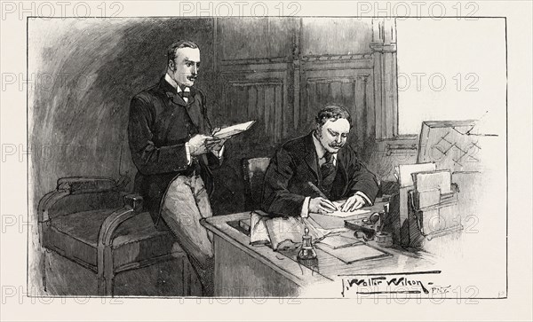 A DIVISION IN THE HOUSE OF COMMONS: THE OPPOSITION WHIPS: Sir William Walrond and Mr. Akers-Douglas, UK, 1893 engraving