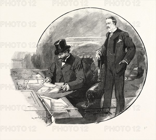 A DIVISION IN THE HOUSE OF COMMONS: THE GOVERNMENT WHIPS: Mr. E. Marjoribanks and Mr. T. Ellis, UK, 1893 engraving