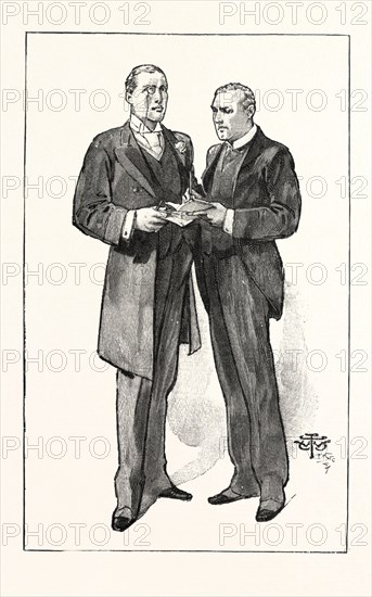 A DIVISION IN THE HOUSE OF COMMONS: THE LIBERAL UNIONIST WHIPS: Mr. Austen Chamberlain and Mr. Anstruther, UK, 1893 engraving