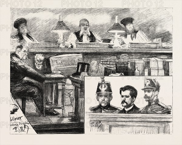 THE ANARCHISTS IN PARIS, FRANCE, THE TRIAL OF RAVACHOL AT THE PALAIS DE JUSTICE: M. GUES, THE PRESIDING JUDGE, ON THE BENCH; RAVACHOL SITTING BETWEEN TWO GUARDS The trial of Ravachol and his accomplices was prolonged by gaslight into the night, and the Judge's summing-up was not concluded until past one o'clock in the morning., 1892 engraving