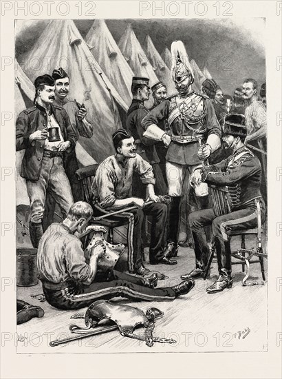 THE MILITARY TOURNAMENT AT THE AGRICULTURAL HALL: THE SOLDIERS' QUARTERS IN THE GALLERIES, The magnificent appearance presented by the troopers in the arena is not obtained without some trouble, and in the soldier's quarters in the galleries the men may be seen, when off duty, polishing and furbishing up their arms and accoutrements. UK, 1892 engraving