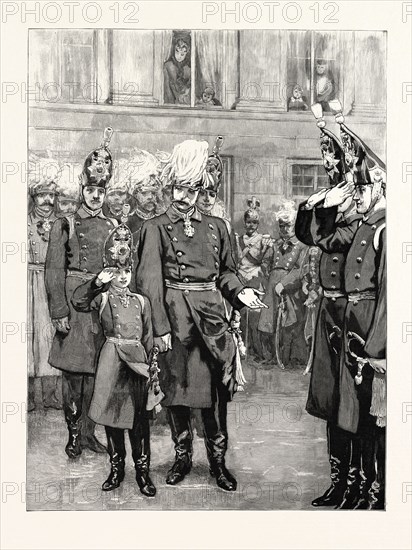 THE RECEPTION OF THE CROWN PRINCE OF PRUSSIA INTO THE FIRST REGIMENT OF GUARDS AT POTSDAM: THE GERMAN EMPEROR INTRODUCING HIS SON TO THE REGIMENT, The Crown Prince, being the youngest officer, mached behind the first platoon, and after the inspection was over, the Emperor presented his son to Colonel von Natzmer and the officers of the regiment, GERMANY, 1892 engraving