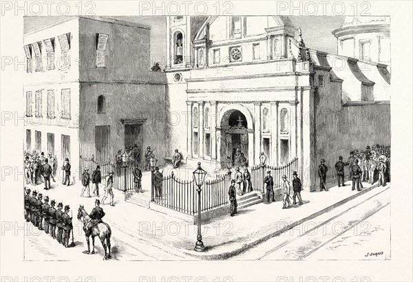 THE PRESIDENTIAL ELECTION IN ARGENTINA: THE POLLING STATION AT THE CHURCH OF LA MERCED, BUENOS AYRES; The rival voters were kept back by an armed force of police out of sight of each other, only batches of two or three being allowed to enter the polling-office. Armed sentries guarded the gates and the door leading to the office, and were also posted on the roofs of the adjoining houses and in the belfry and tower of the church., 1892 engraving