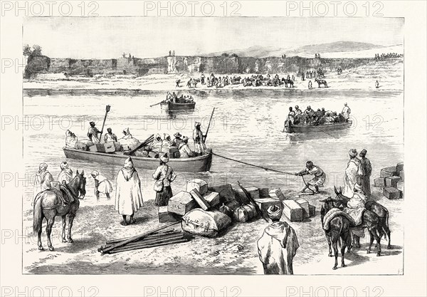 SIR CHARLES EUAN SMITH'S MISSION TO THE COURT OF MOROCCO: THE PASSAGE OF THE RIVER SEBU, 1892 engraving