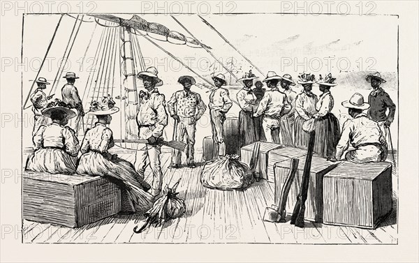 THE KANAKA LABOUR QUESTION IN QUEENSLAND: ISLANDERS RETURNING TO THEIR NATIVE COUNTRY AFTER HAVING SERVED THEIR TIME, AUSTRALIA, 1892 engraving