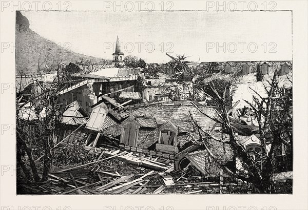 THE HURRICANE IN MAURITIUS: VIEWS OF THE RUINS IN PORT LOUIS: RUINS OF THE WESTERN WING OF THE CATHEDRAL-AIDED SCHOOLS, SHOWING THE SPIRE OF ST. JAMES'S CATHEDRAL, 1892 engraving