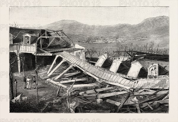 THE HURRICANE IN MAURITIUS: VIEWS OF THE RUINS IN PORT LOUIS: A VIEW OF THE CHAMP DE MARS, 1892 engraving